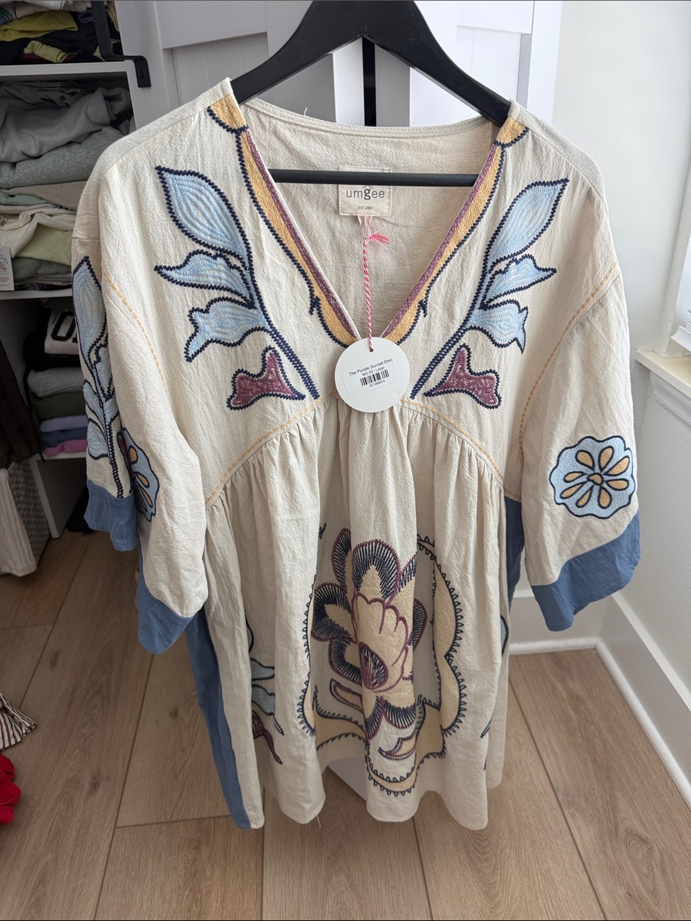Umgee Cream Tunic Dress with Blue & Mauve Embroidery